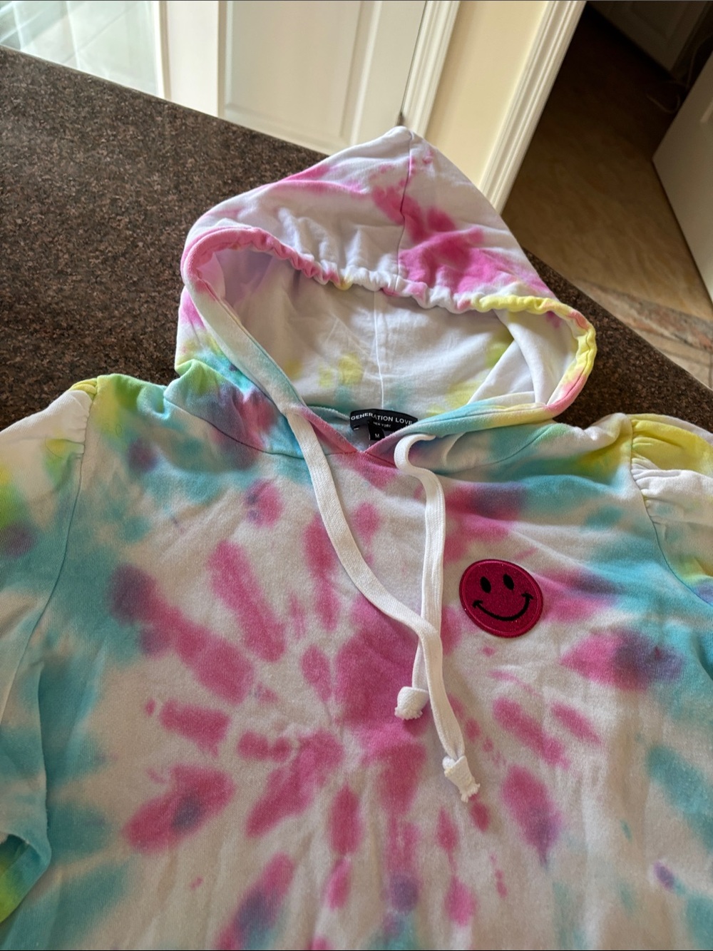 Generation Love Ladies Pink Blue Yellow Tie-Dye Smile Patch Hoodie-M - Picture 3 of 6